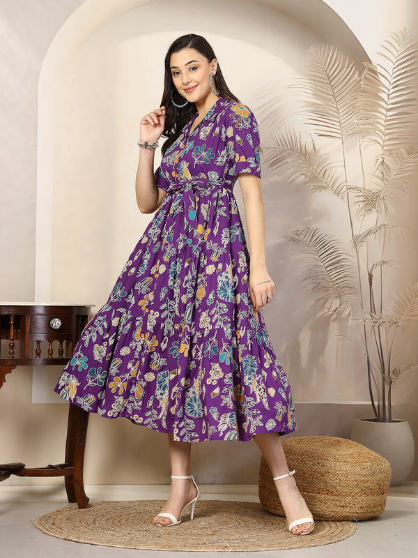 Voilet Tropical Printed Rayon Tiered Dress