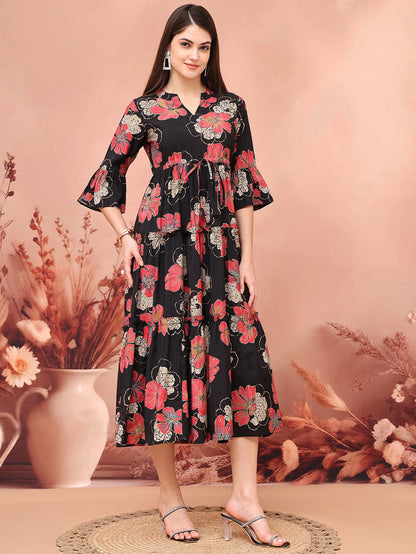 Black Color Floral Printed Premium Chanderi Ethnic Dress