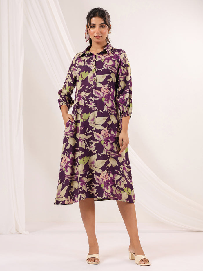 Purple Rayon Floral Printed A line Dress