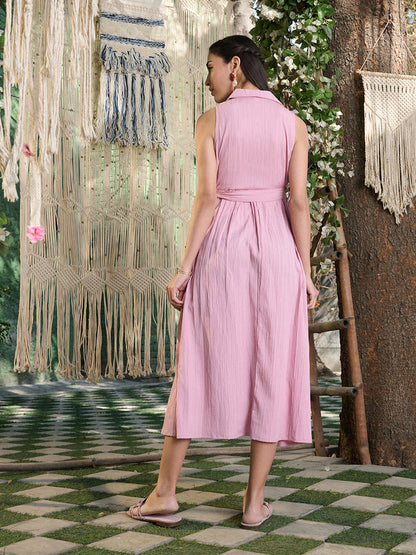 Pink Self Design Crepe Pleated Dress