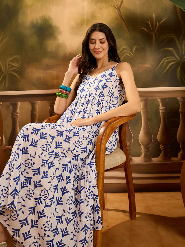 Blue Printed Cotton Flared Dress