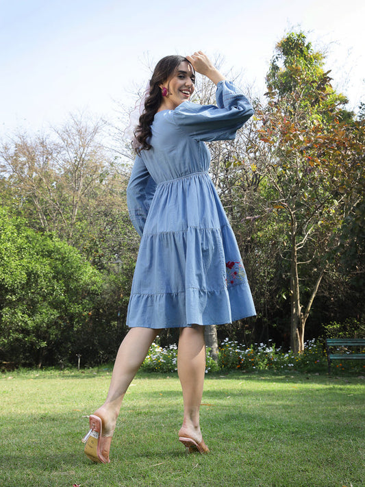 Blue Solid & Embroidered Cotton Tiered Dress