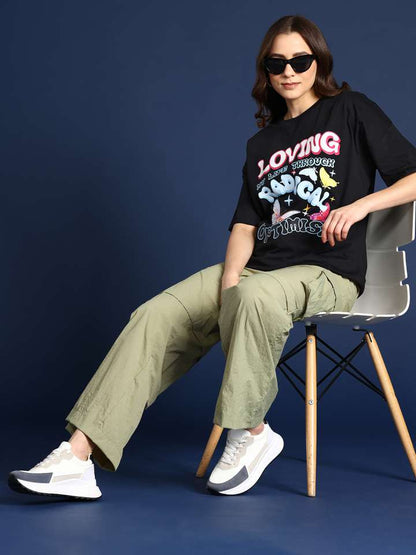 Printed Drop-Shoulder Sleeves Pure Cotton Relaxed T-Shirt