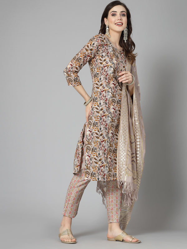 Floral Printed Cotton Blend Straight Kurta Pant Dupatta Set