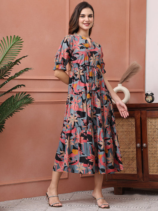 Multi Color Floral Printed Premium Chanderi Dress