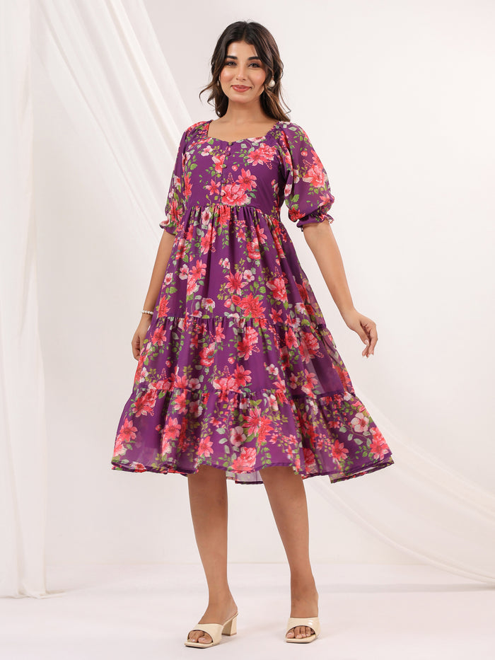 Purple Georgette Floral Printed Tiered Dress