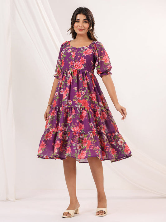 Purple Georgette Floral Printed Tiered Dress
