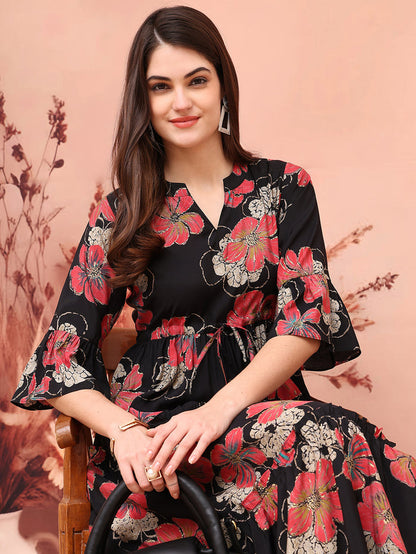 Black Color Floral Printed Premium Chanderi Ethnic Dress