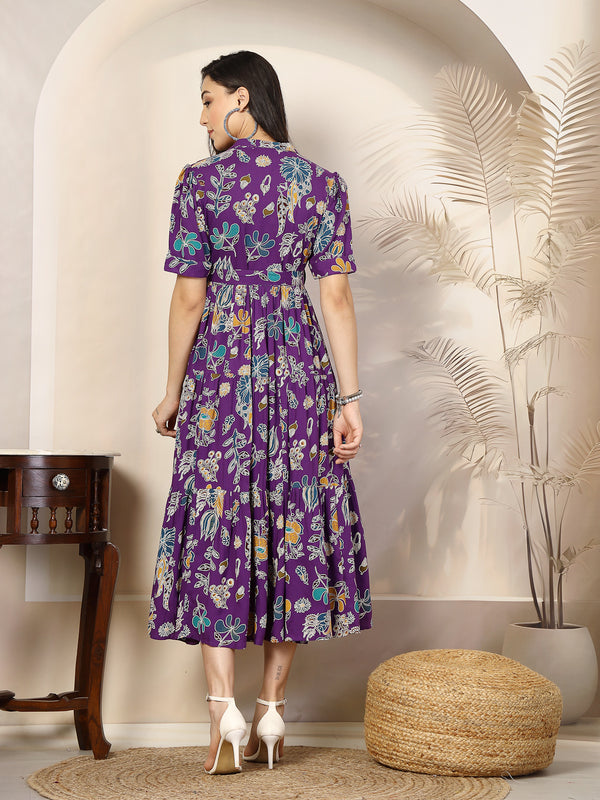 Voilet Tropical Printed Rayon Tiered Dress