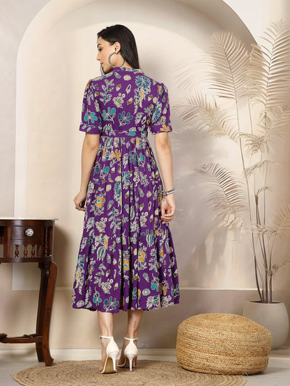 Voilet Tropical Printed Rayon Tiered Dress
