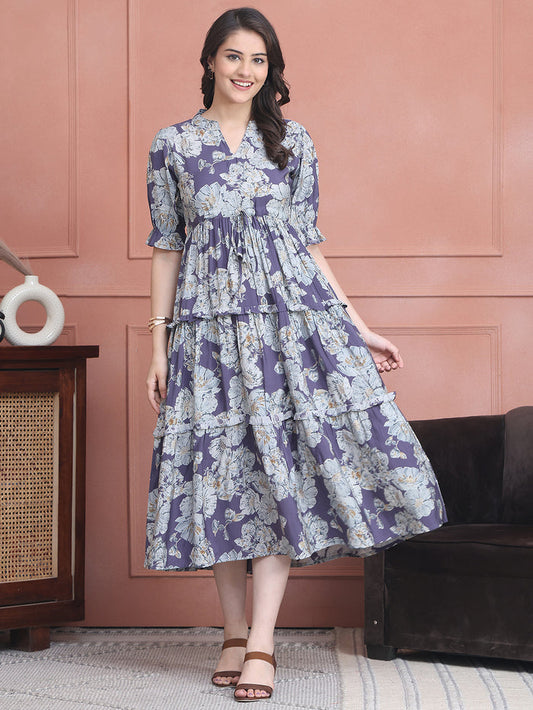 Purple Colour Floral Printed Premium Chanderi Dress For Women