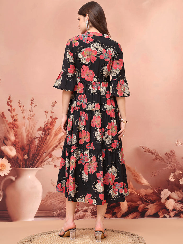 Black Color Floral Printed Premium Chanderi Ethnic Dress