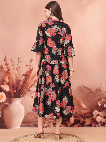 Black Color Floral Printed Premium Chanderi Ethnic Dress