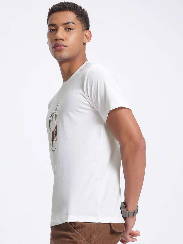 Men Printed Round Neck Cotton Blend White T-Shirt