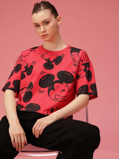 Mickey Mouse Printed Drop Shoulder Sleeves Relaxed Fit Pure Cotton T-Shirt