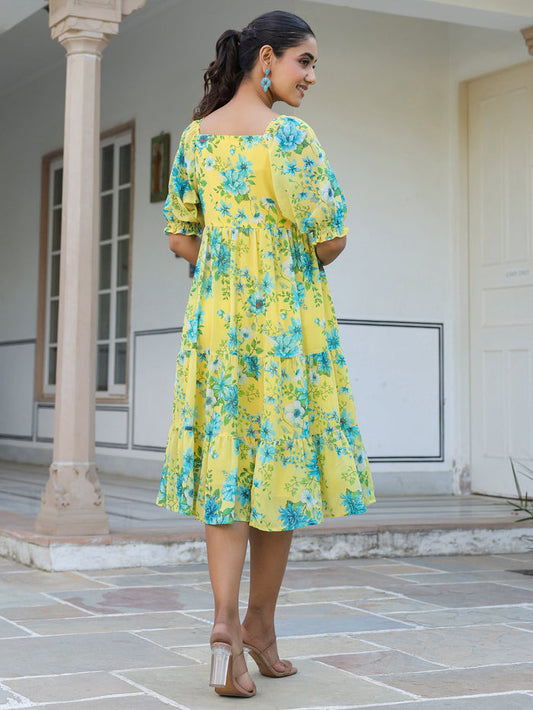 Yellow Georgette Floral Print Flared Western Dress