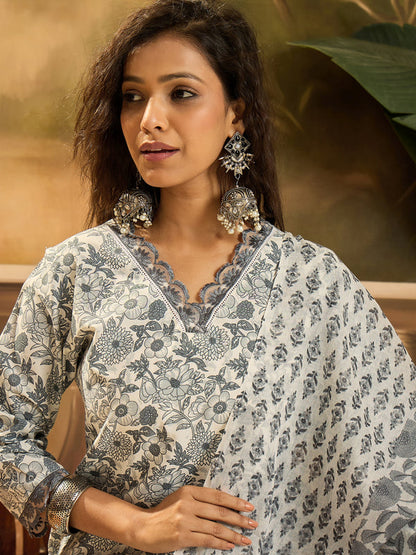 Grey Floral Printed Cotton Straight Kurta Pant Dupatta Set