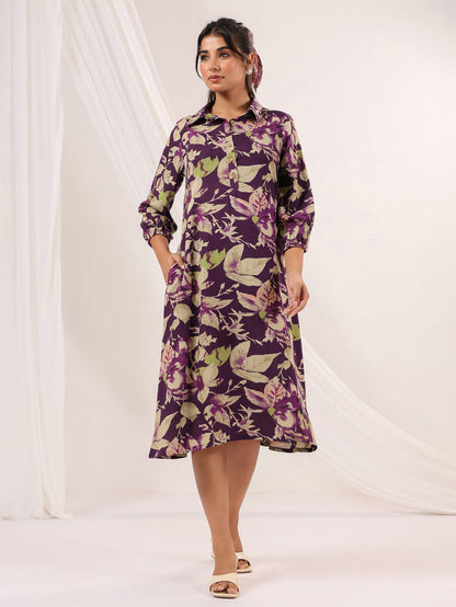 Purple Rayon Floral Printed A line Dress