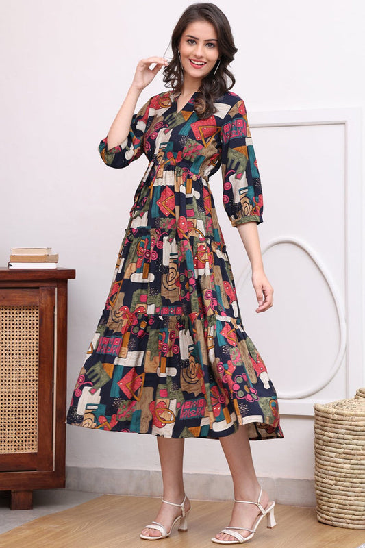 Black Colour Abstract Printed Ethnic Chanderi Premium Dress For Women