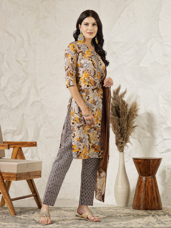 Floral Printed Cotton Blend Straight Kurta Pant Dupatta Set