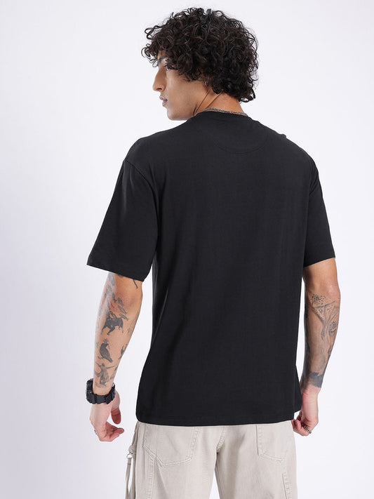 Men Printed Round Neck Cotton Blend Black T-Shirt