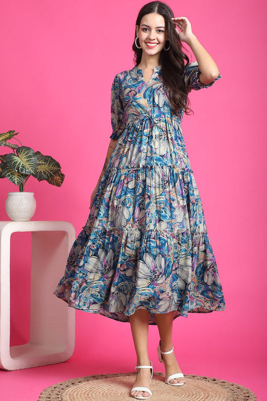 Floral Printed Premium Chanderi Dress
