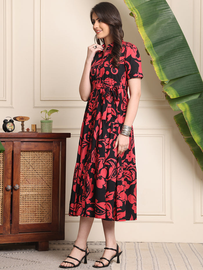 Black Colour Floral Printed Cotton Dress