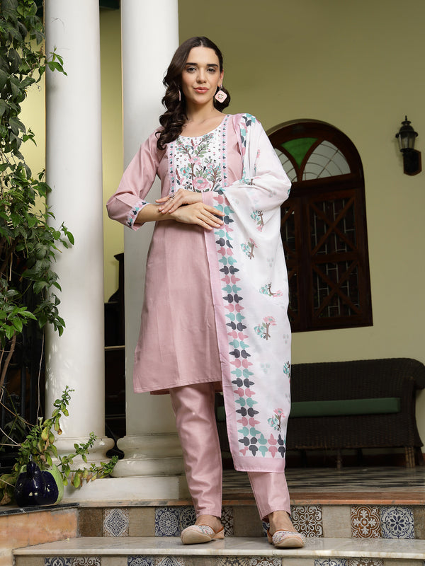Pink Solid Cotton Straight Kurta Pant Dupatta Set