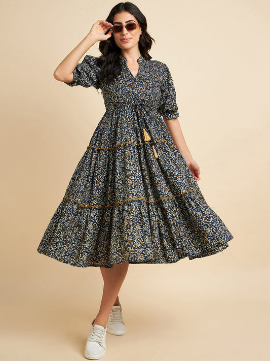 Floral Printed Mandarin Coller Pure Cotton Fit & Flare Dress