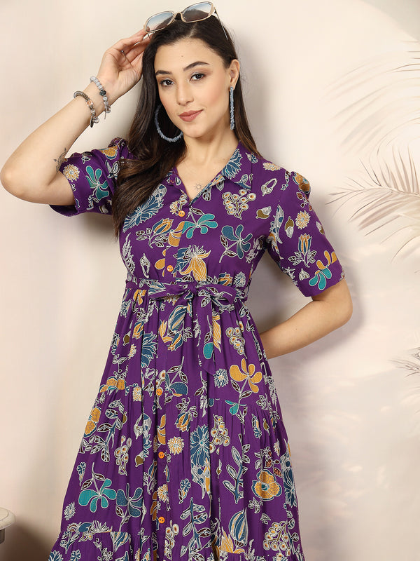Voilet Tropical Printed Rayon Tiered Dress