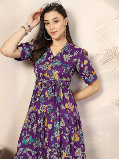 Voilet Tropical Printed Rayon Tiered Dress