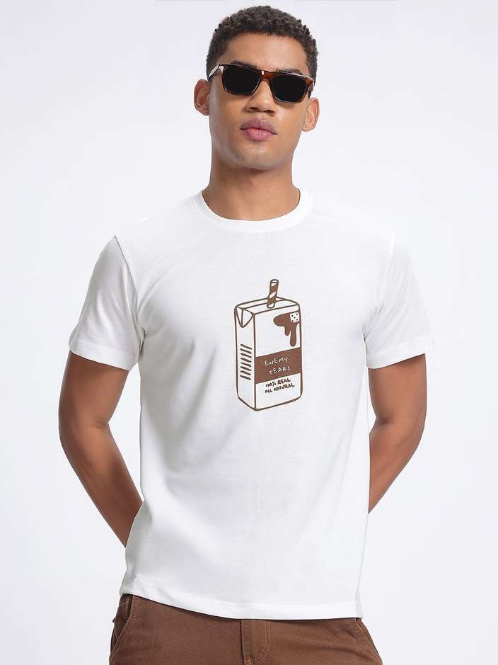 Men Printed Round Neck Cotton Blend White T-Shirt