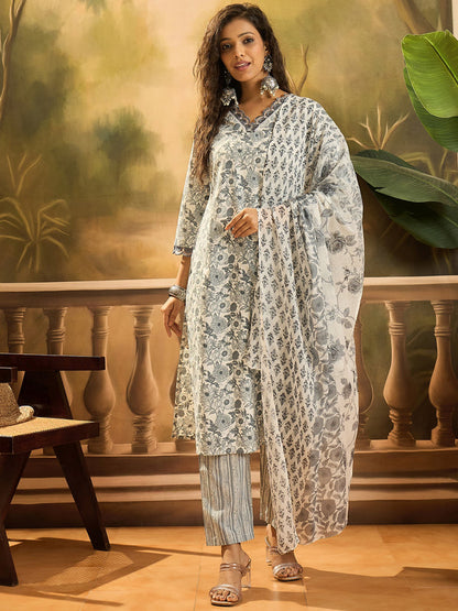 Grey Floral Printed Cotton Straight Kurta Pant Dupatta Set