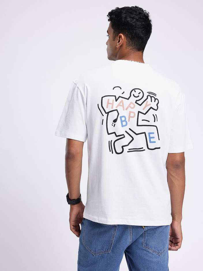 Men Printed Round Neck Cotton Blend White T-Shirt