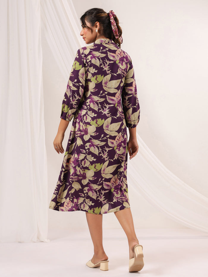 Purple Rayon Floral Printed A line Dress