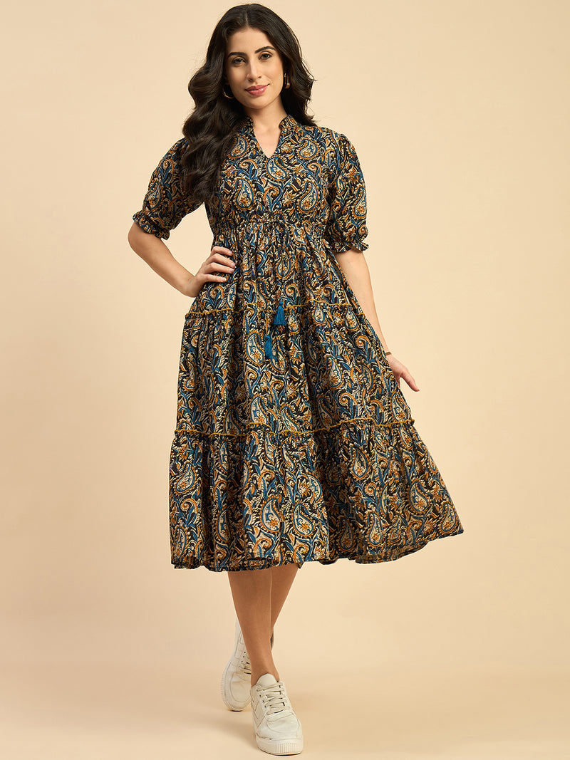 Ethnic Motifs Printed Cotton Empire Midi Dress