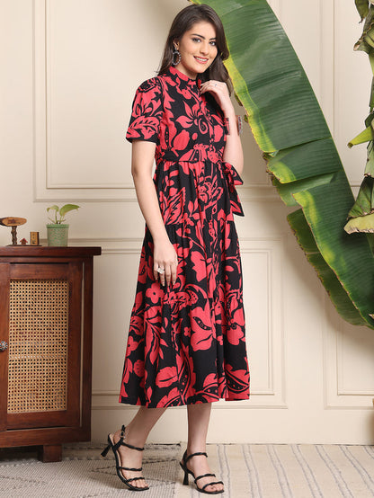Black Colour Floral Printed Cotton Dress