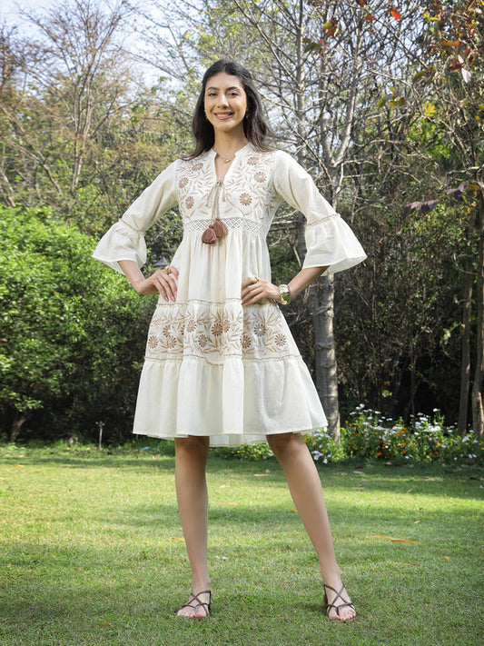 White Solid & Embroidered Cotton Tiered Dress