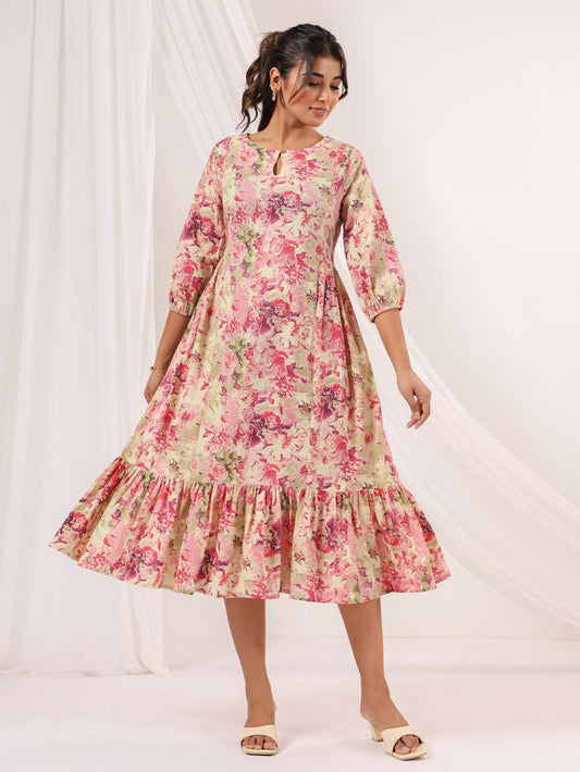 Pink Pure Cotton Floral Printed A line Dress