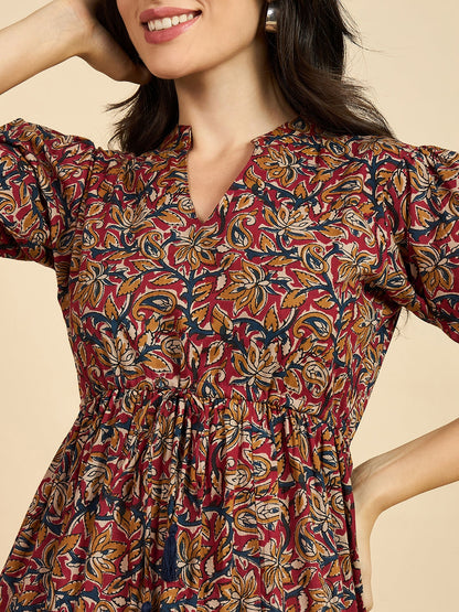 Ethnic Motif Print Mandarin Coller Short Puff Sleeves Cotton A-Line Midi Dress