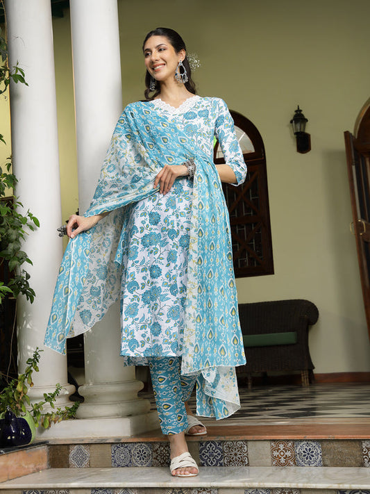 Turquoise Floral Printed Cotton A-Line Kurta Pant Dupatta Set