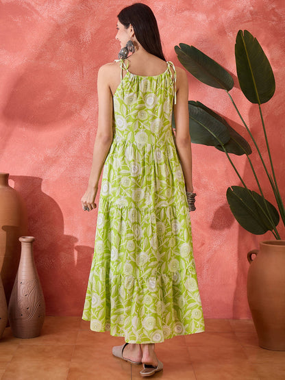 Green Floral Printed Rayon Strappy Tiered Dress