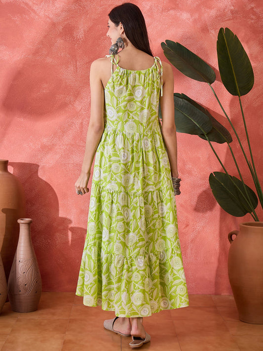 Green Floral Printed Rayon Strappy Tiered Dress