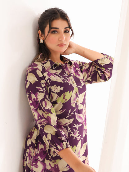 Purple Rayon Floral Printed A line Dress