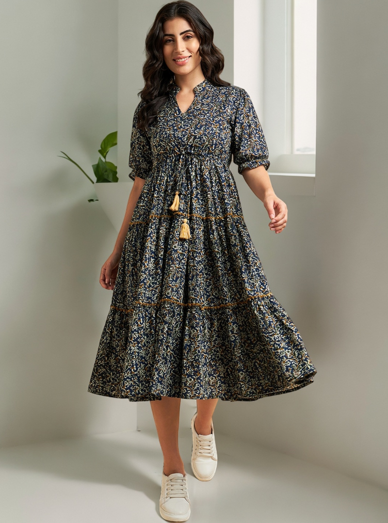 Floral Printed Mandarin Coller Pure Cotton Fit & Flare Dress