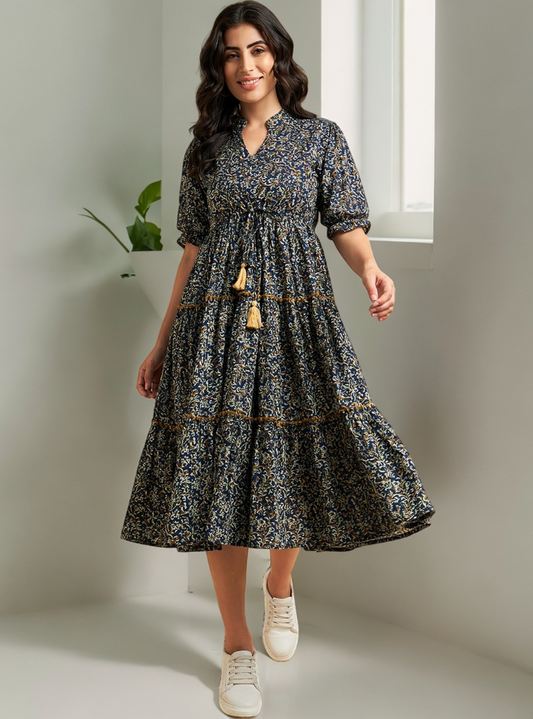 Floral Printed Mandarin Coller Pure Cotton Fit & Flare Dress