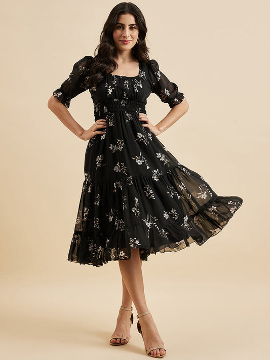 Floral Print Square Neck Puff Sleeve Georgette Fit & Flare Midi Tiered Dress