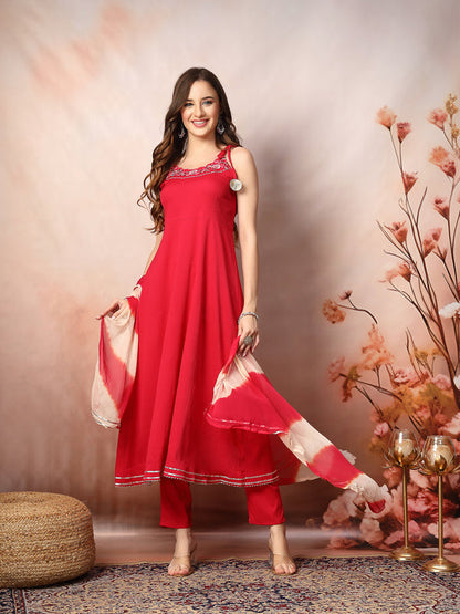 Rose Gold Solid & Embroidered Rayon A-Line Kurta Dupatta Set