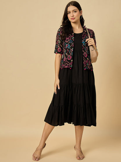 Black Solid Dress With Jacket