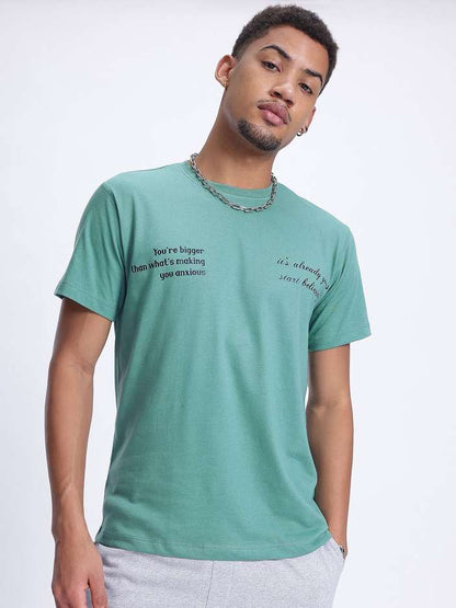 Printed Round Neck Cotton Blend Green T-Shirt
